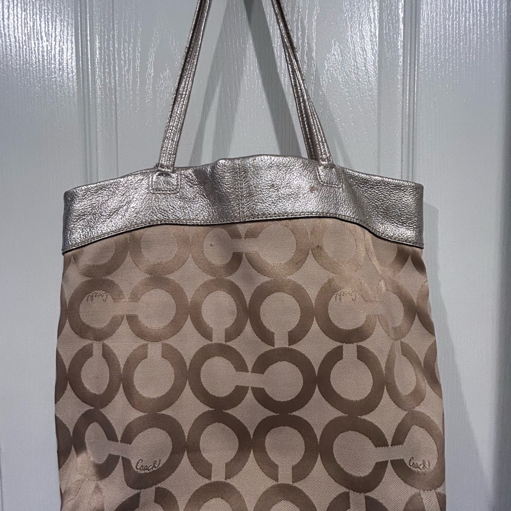 Coach Metallic Gold Hue and Tan Monogram Tote - Picture 4 of 15